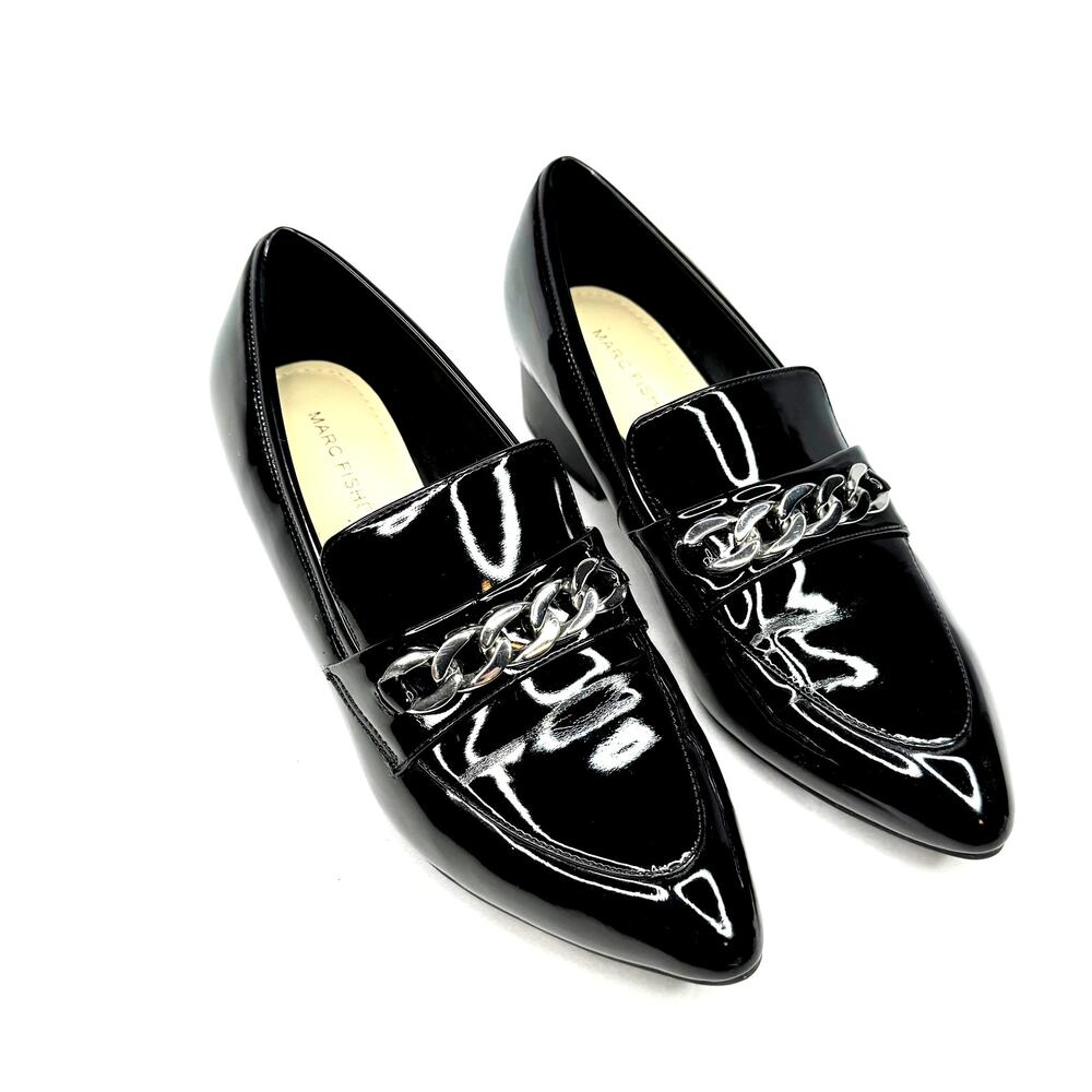 Marc Fisher Black Patent Flecker Faux Leather Point Toe Loafers 7.5